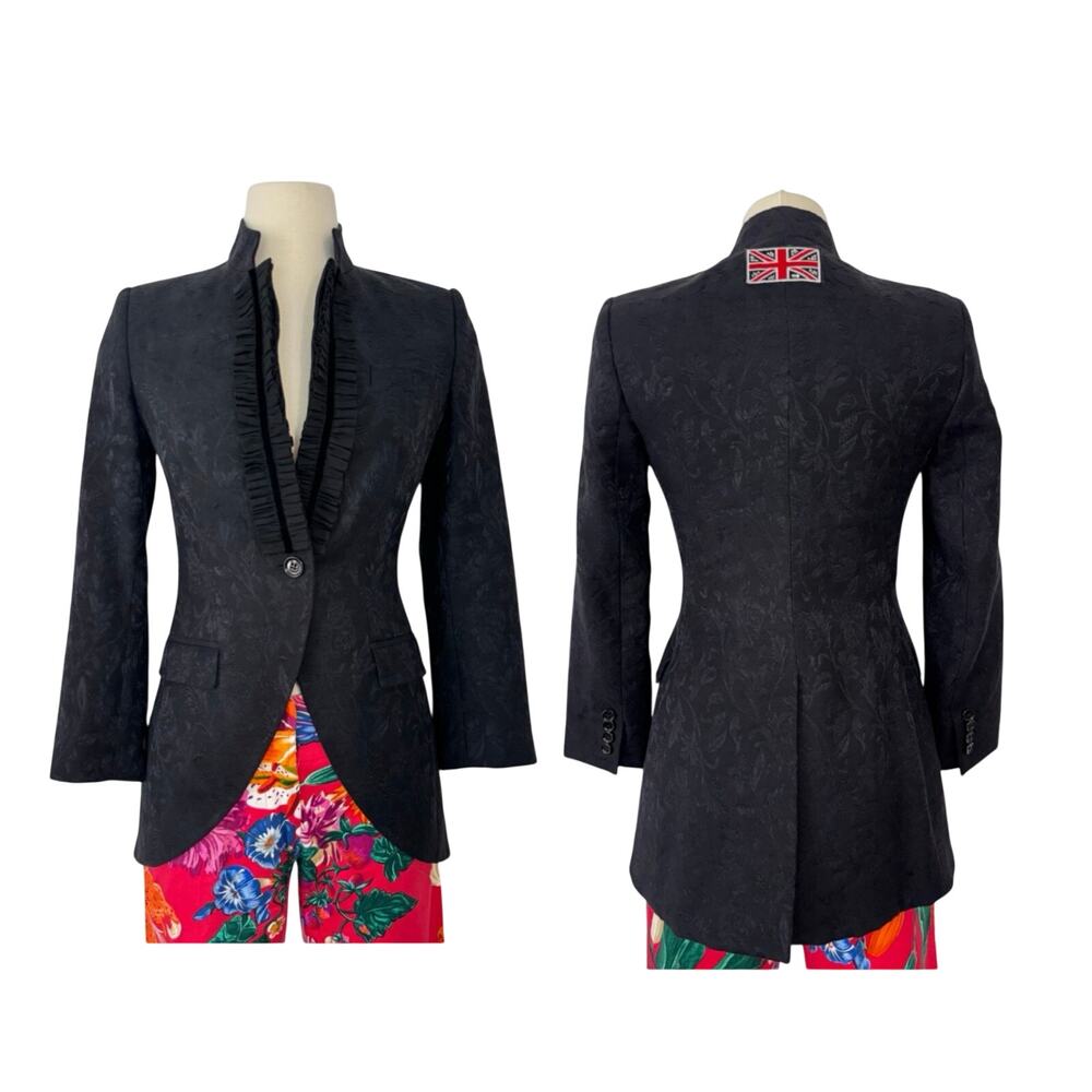 Dolce and Gabbana Brocade Blazer Jacket Black Floral with British Flag Patch XS
